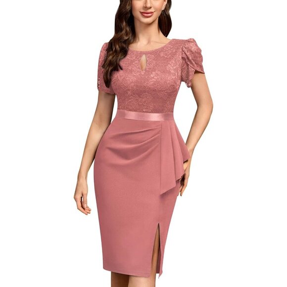 Dresses & Skirts - Women's Cocktail Dress Lace Puff Sleeve Ruffle Knee Length Elegant Slim